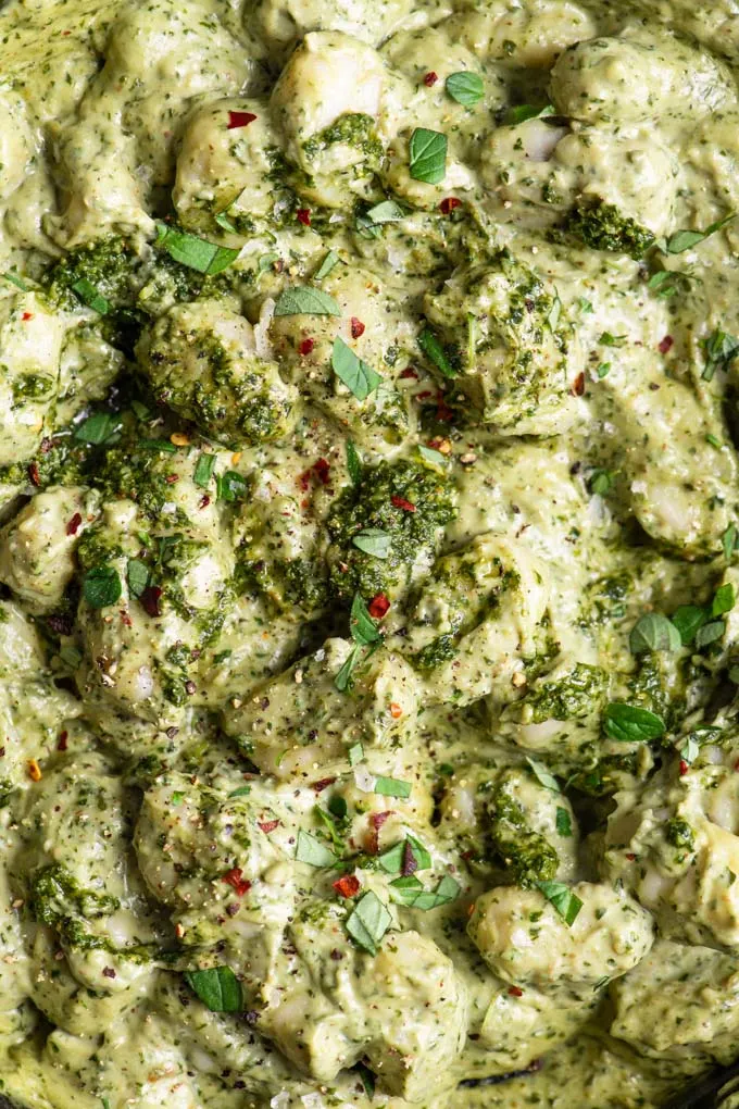 close up of pesto cream gnocchi