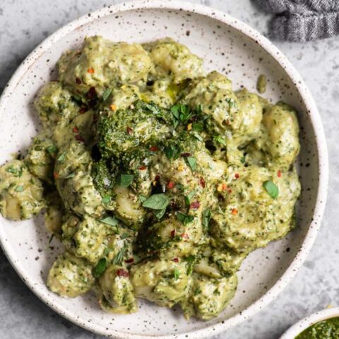 vegan pesto cream gnocchi in bowl