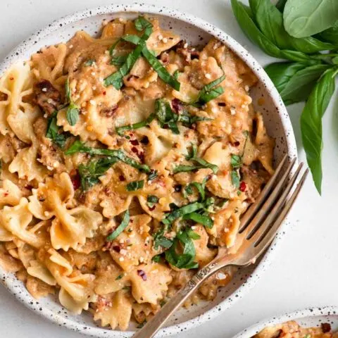 vegan sun dried tomato cream pasta in a bowl