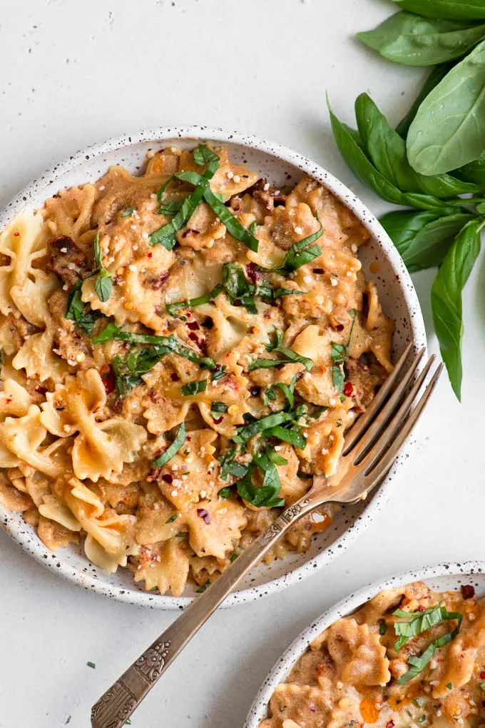 vegan sun dried tomato cream pasta in a bowl