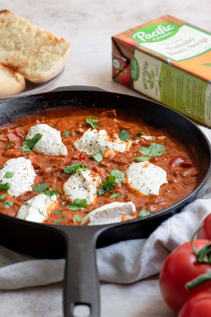 vegan shakshuka served in skillet