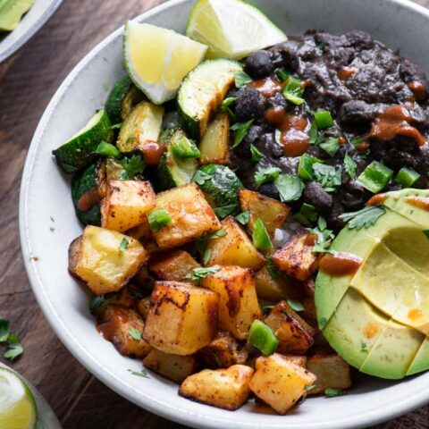 close up of black bean burrito bowl