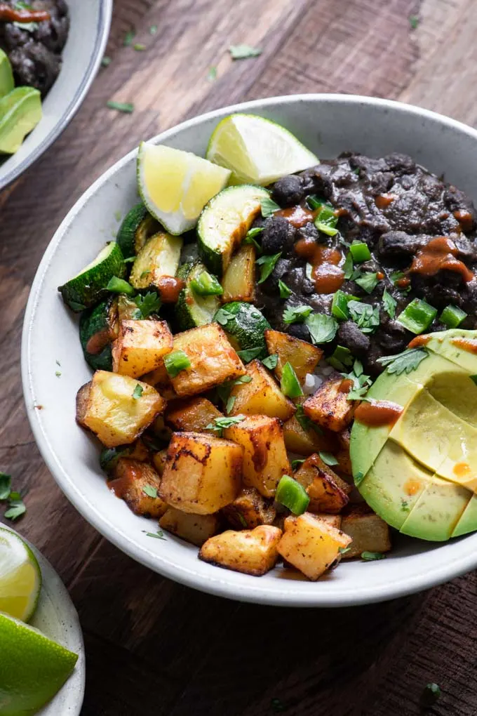 close up of black bean burrito bowl