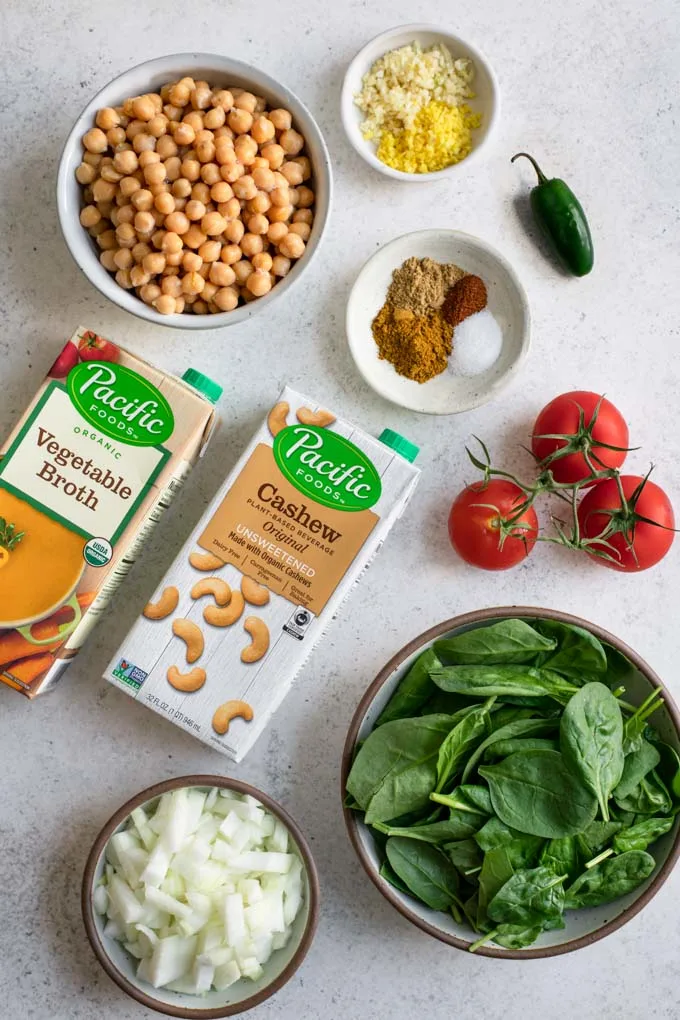 ingredients for chickpea and spinach curry