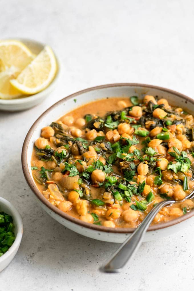 bowl of chickpea and spinach curry