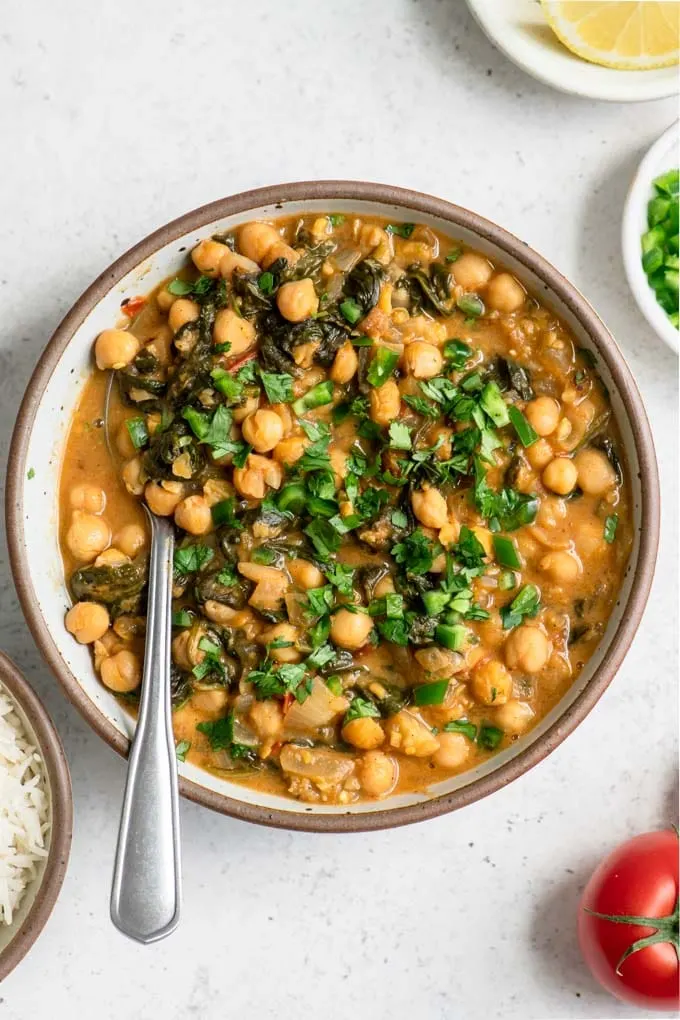 close up of chickpea and spinach curry