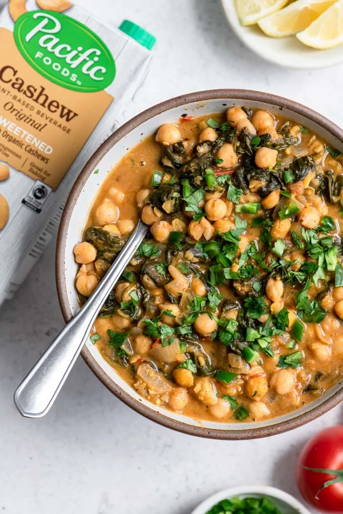 chickpea and spinach curry with Pacific Foods Original Cashew Unsweetened Beverage