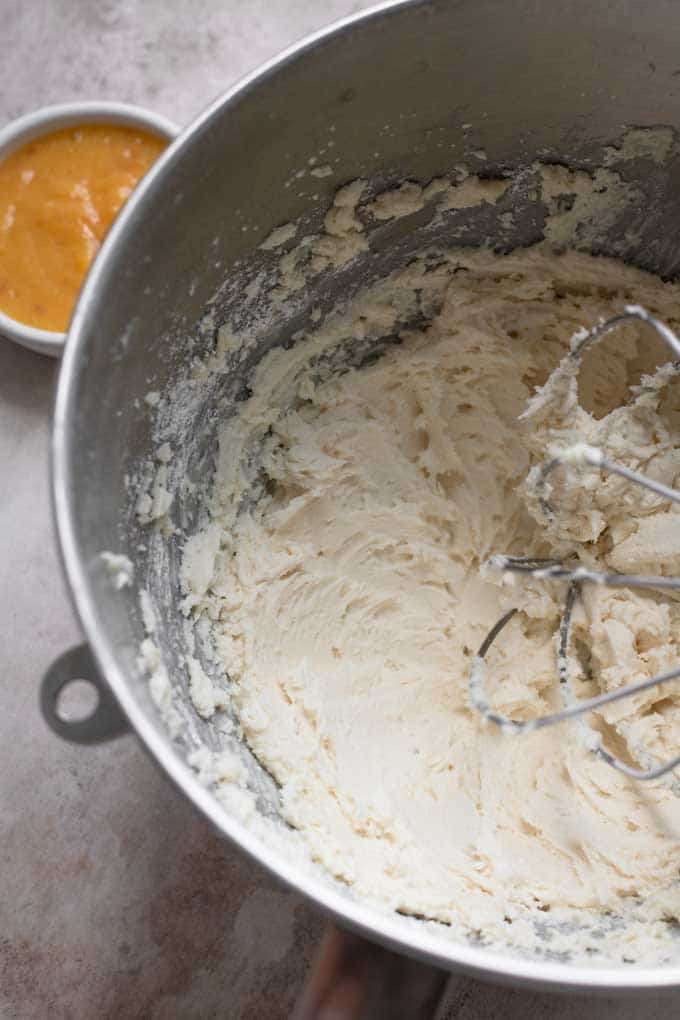 vegan butter and shortening whipped together before powdered sugar and peach puree added