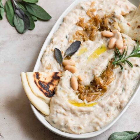 caramelized onion white bean dip with rosemary and sage