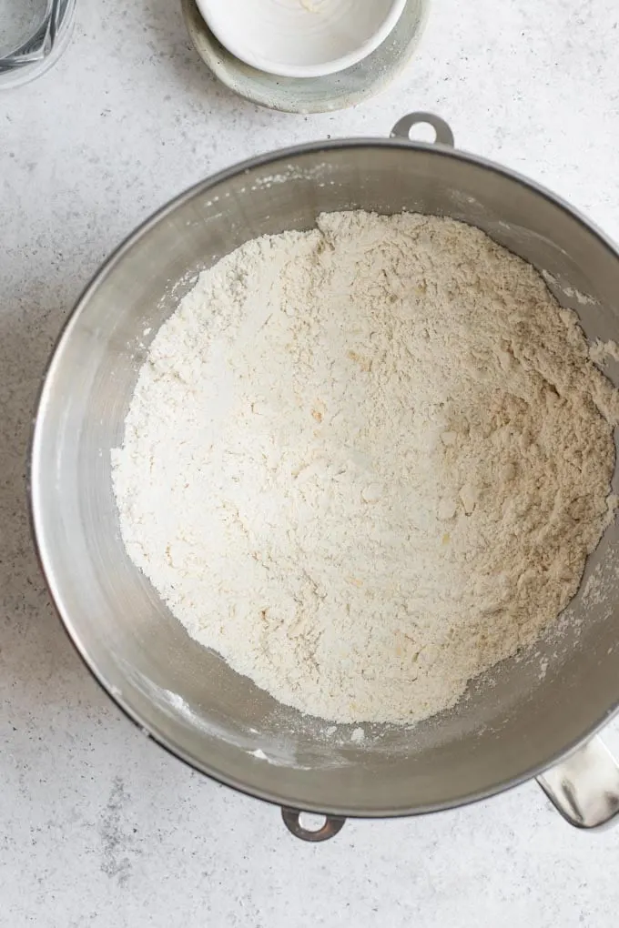 vegan butter after it has been rubbed into the dry ingredients to show the crumbly texture