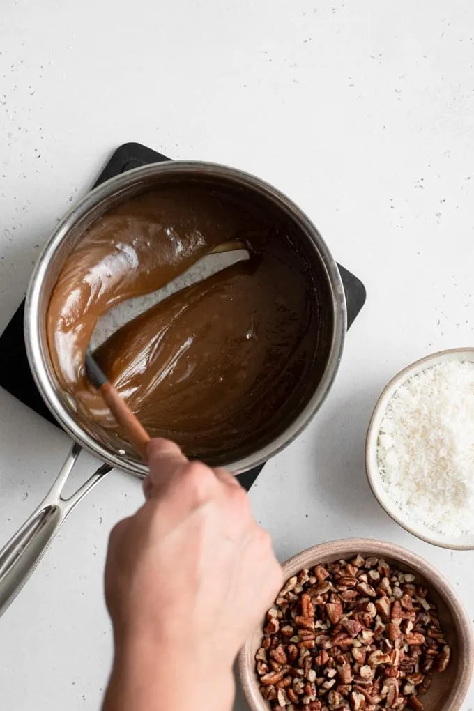 thickened caramel custard, before pecans and coconut are added