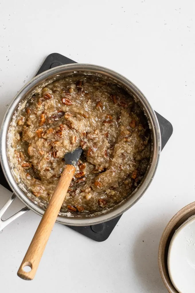 coconut pecan frosting in small pot