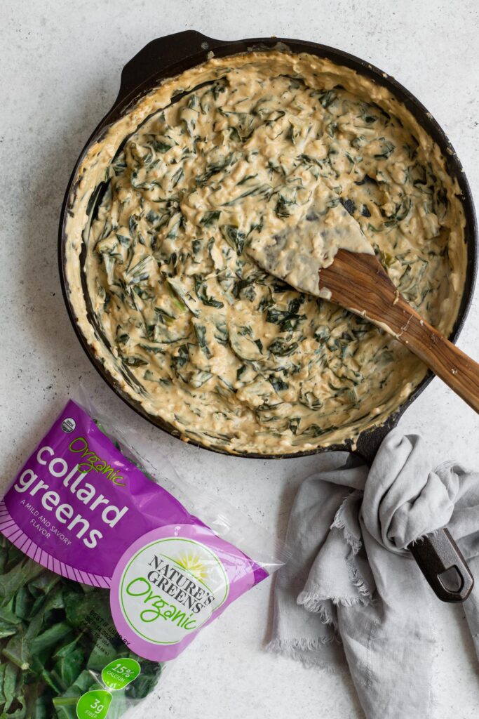 creamed collard greens with a bag of Nature's Greens Organic Collard Greens