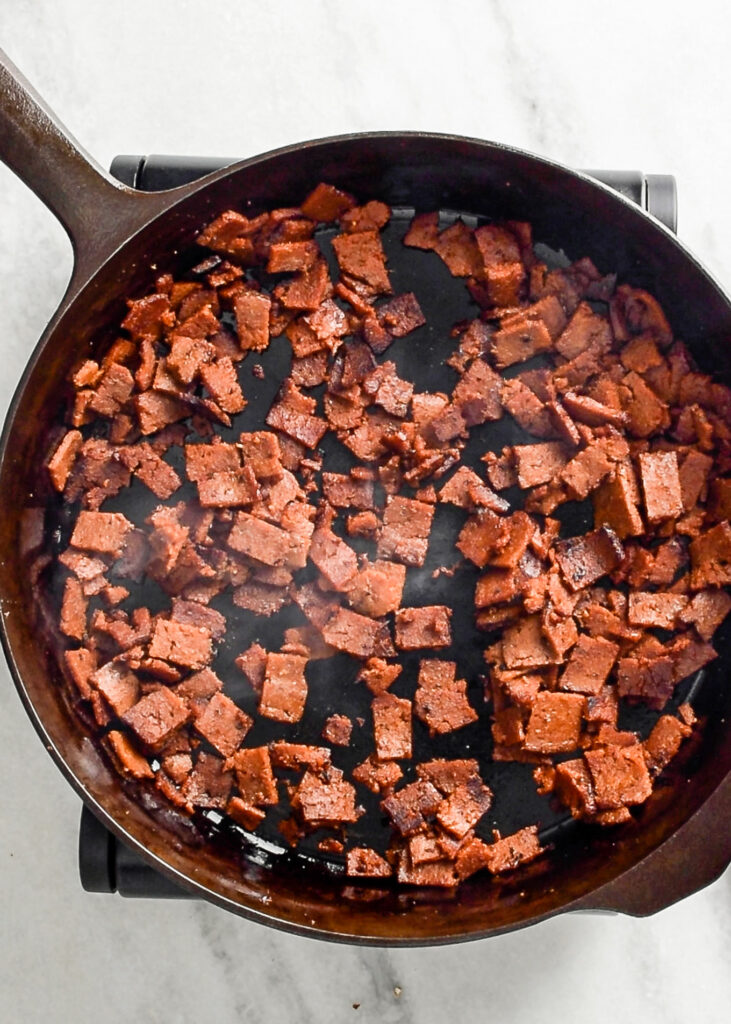 vegan bacon in skillet