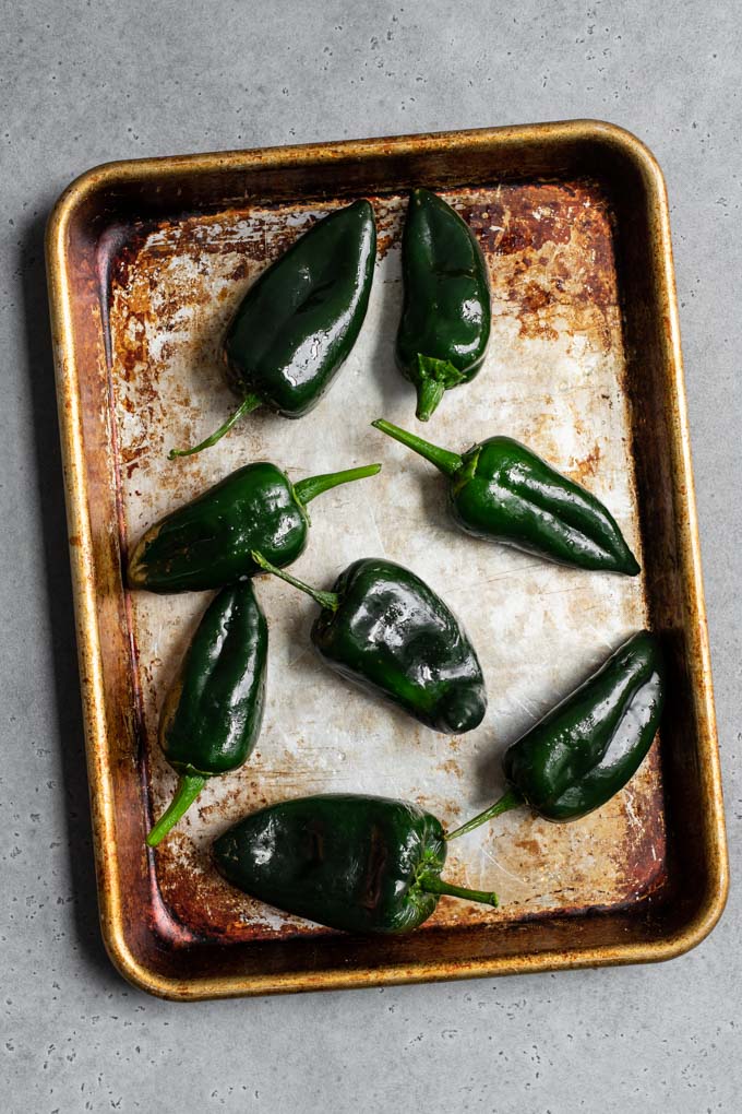 poblanos on baking sheet before roasting