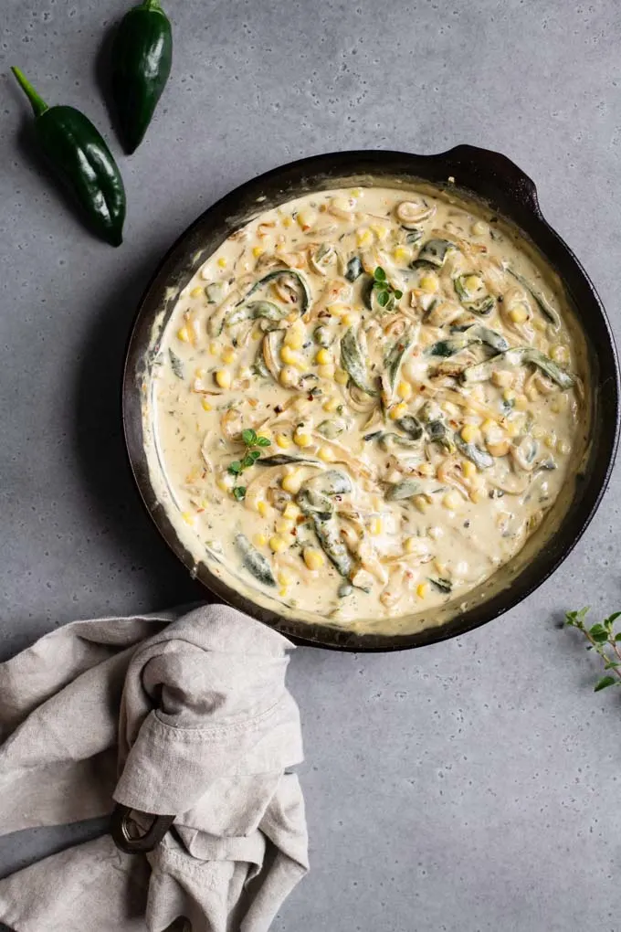 vegan rajas con crema in skillet after cooking