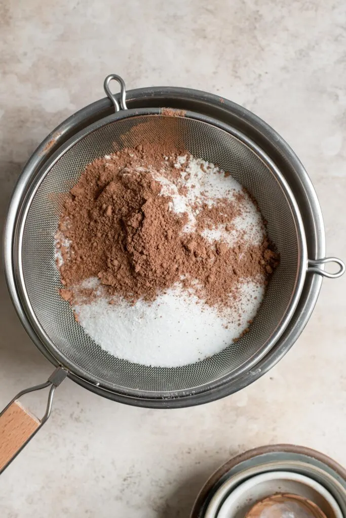 sifting dry ingredients into large mixing bowl