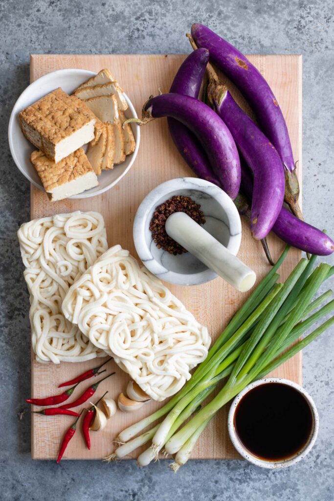 ingredients for spicy sichuan noodles, before prepping