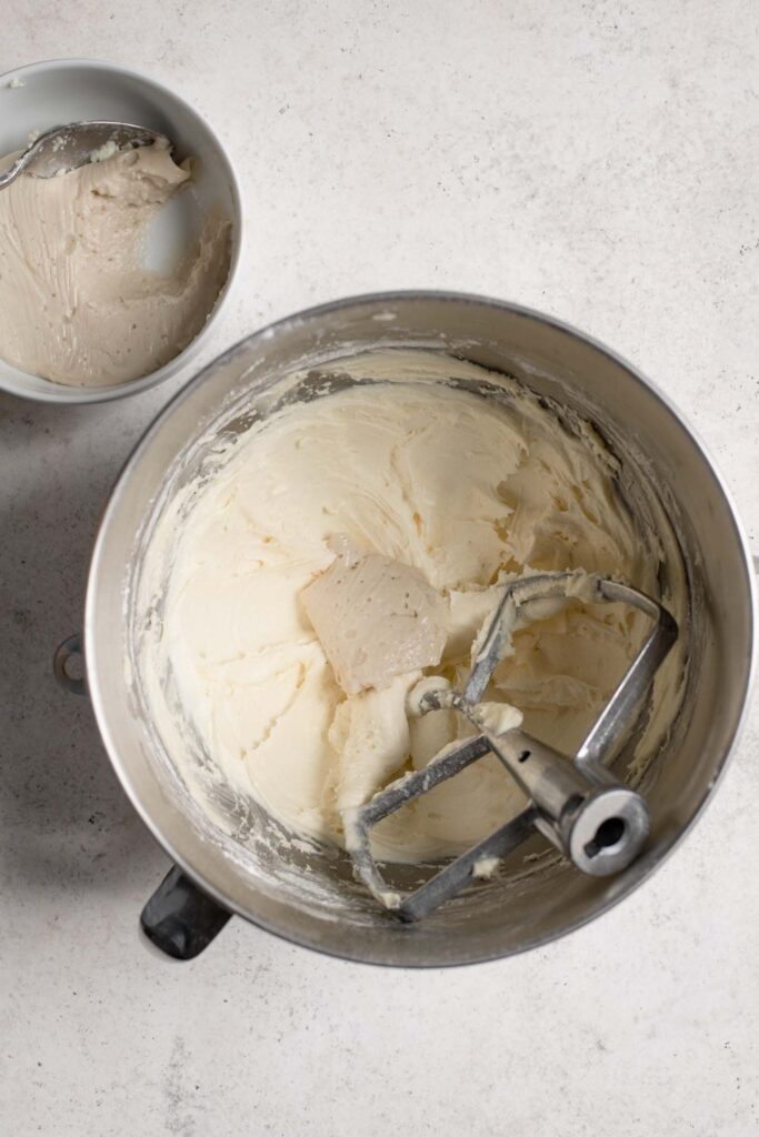 cooked flour and milk mixture added to whipped sugar and fat