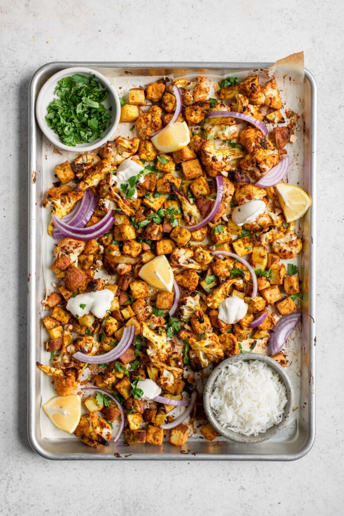 tofu, cauliflower, and potato baked in tandoori sauce and served with minced cilantro, rice, an