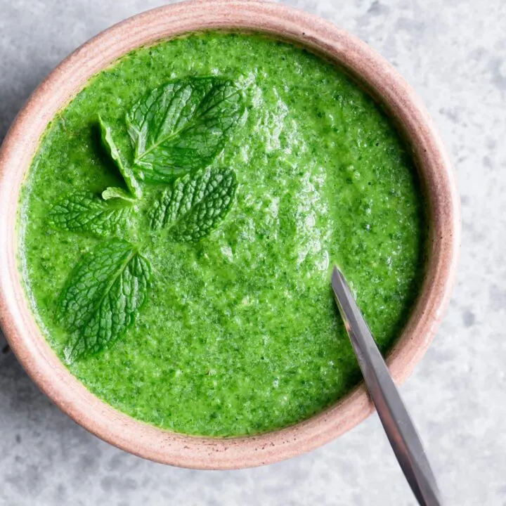 homemade cilantro chutney garnished with mint leaves