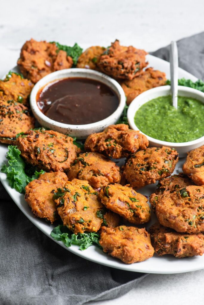 kale pakoras on a plate