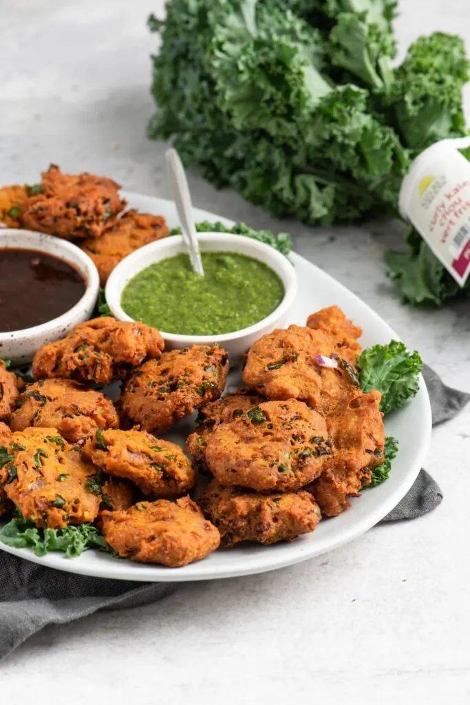 pakoras and a bunch of nature's greens kale