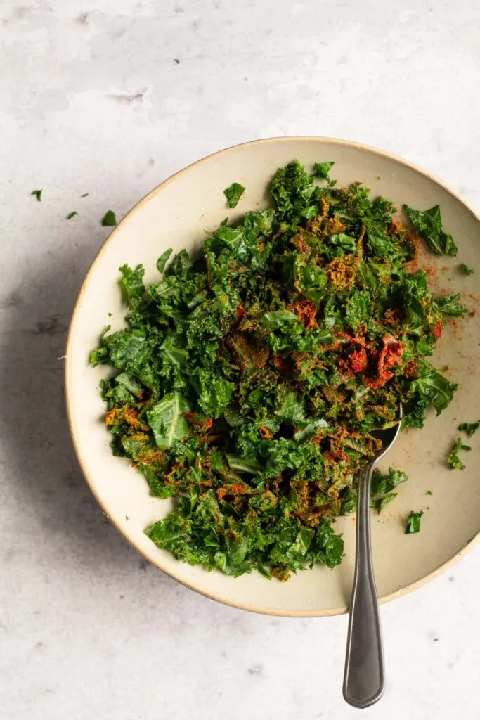 massaged kale with pakora spices mixed in