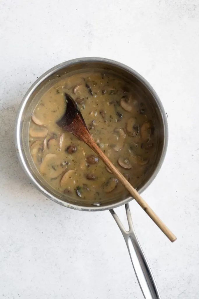 mushroom gravy in pot before blending