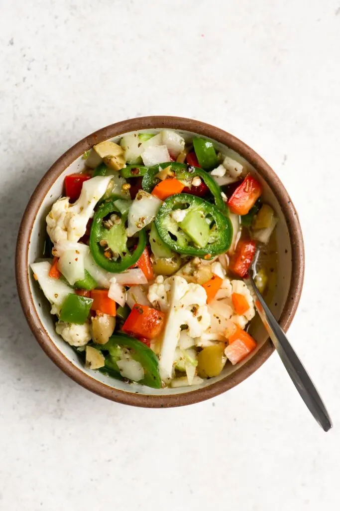 homemade hot giardiniera in a small bowl