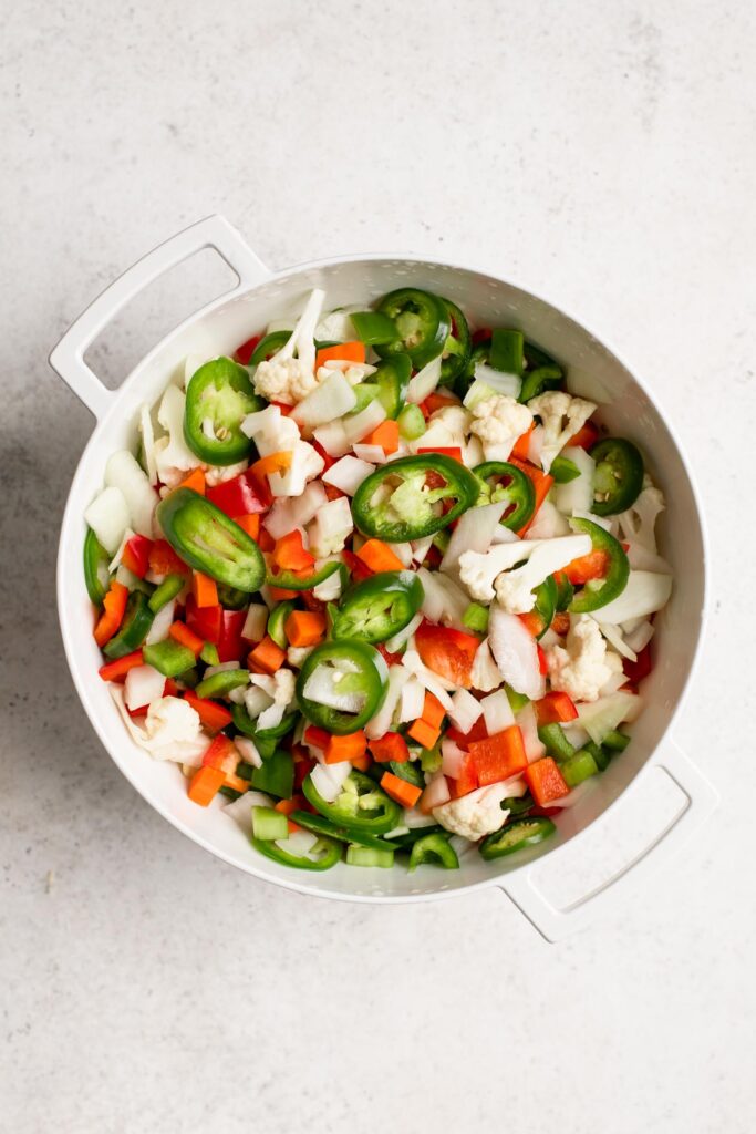 the vegetables drained after being soaked in salt water