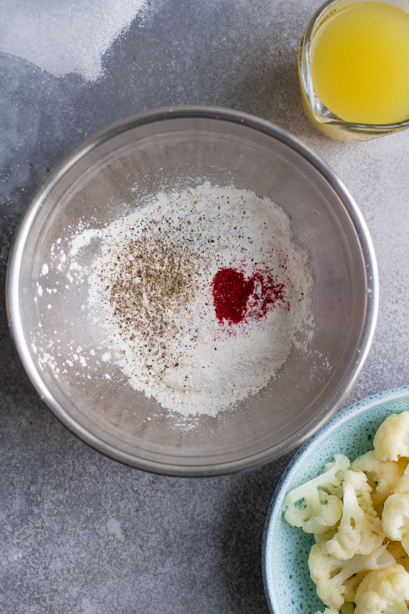 dry ingredients in a mixing bowl for gobi batter