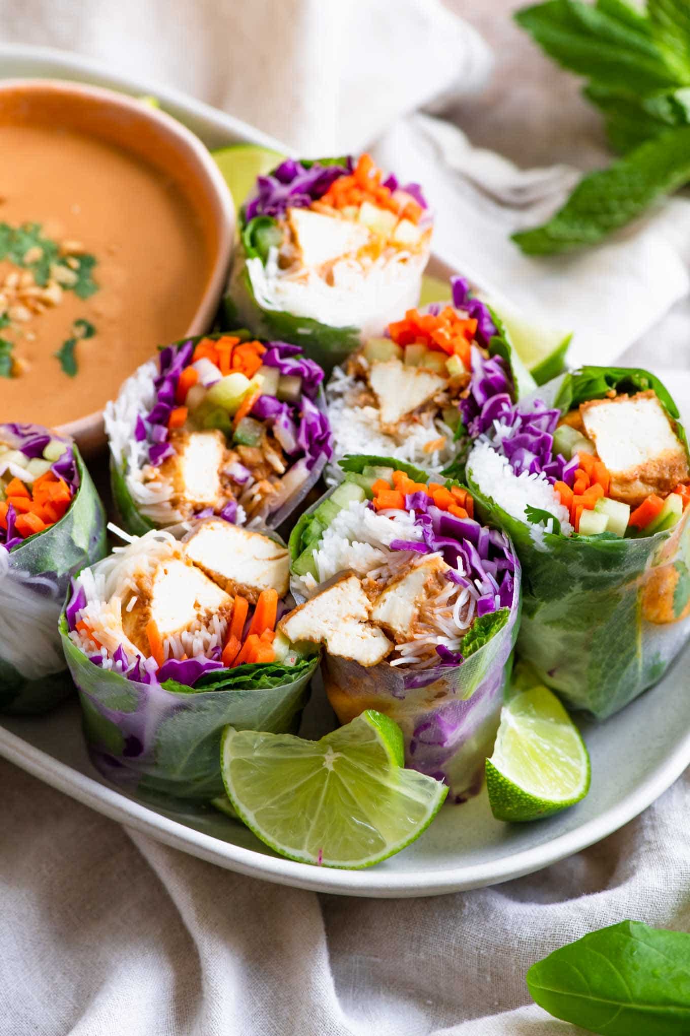 peanut tofu rice paper wraps cut in half for serving