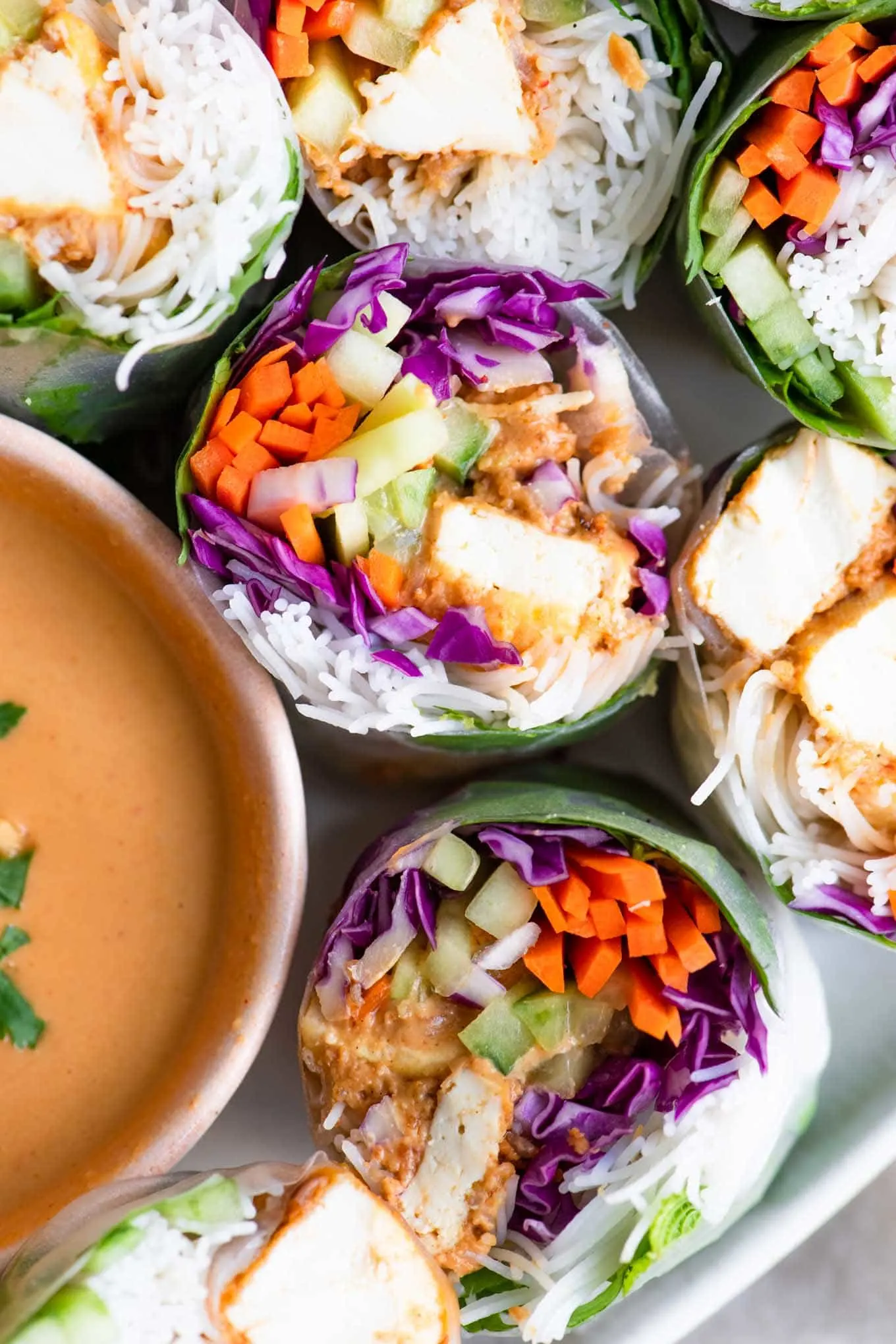 close up of peanut tofu spring rolls cut in half