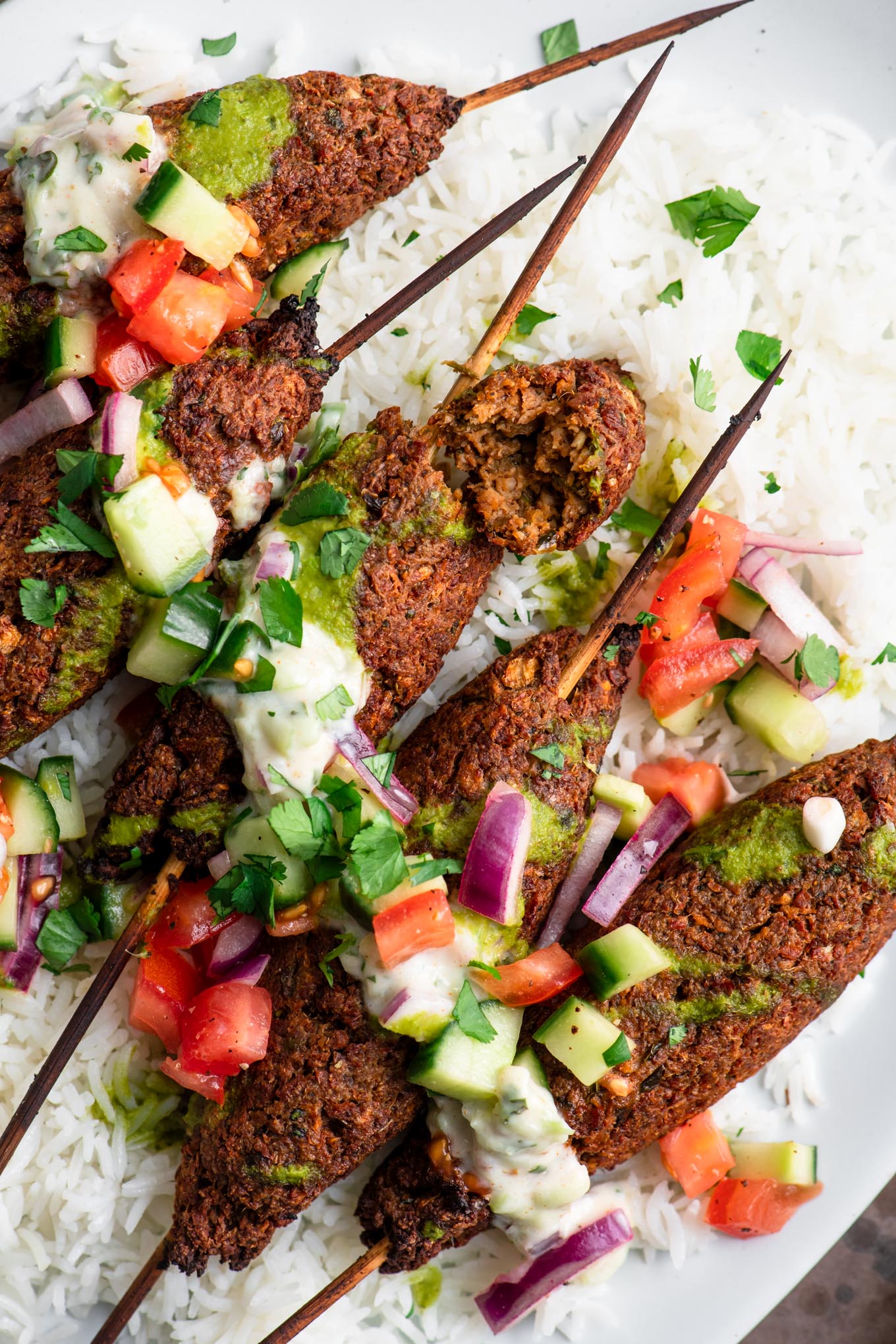 close up of the vegan kababs to show meaty texture