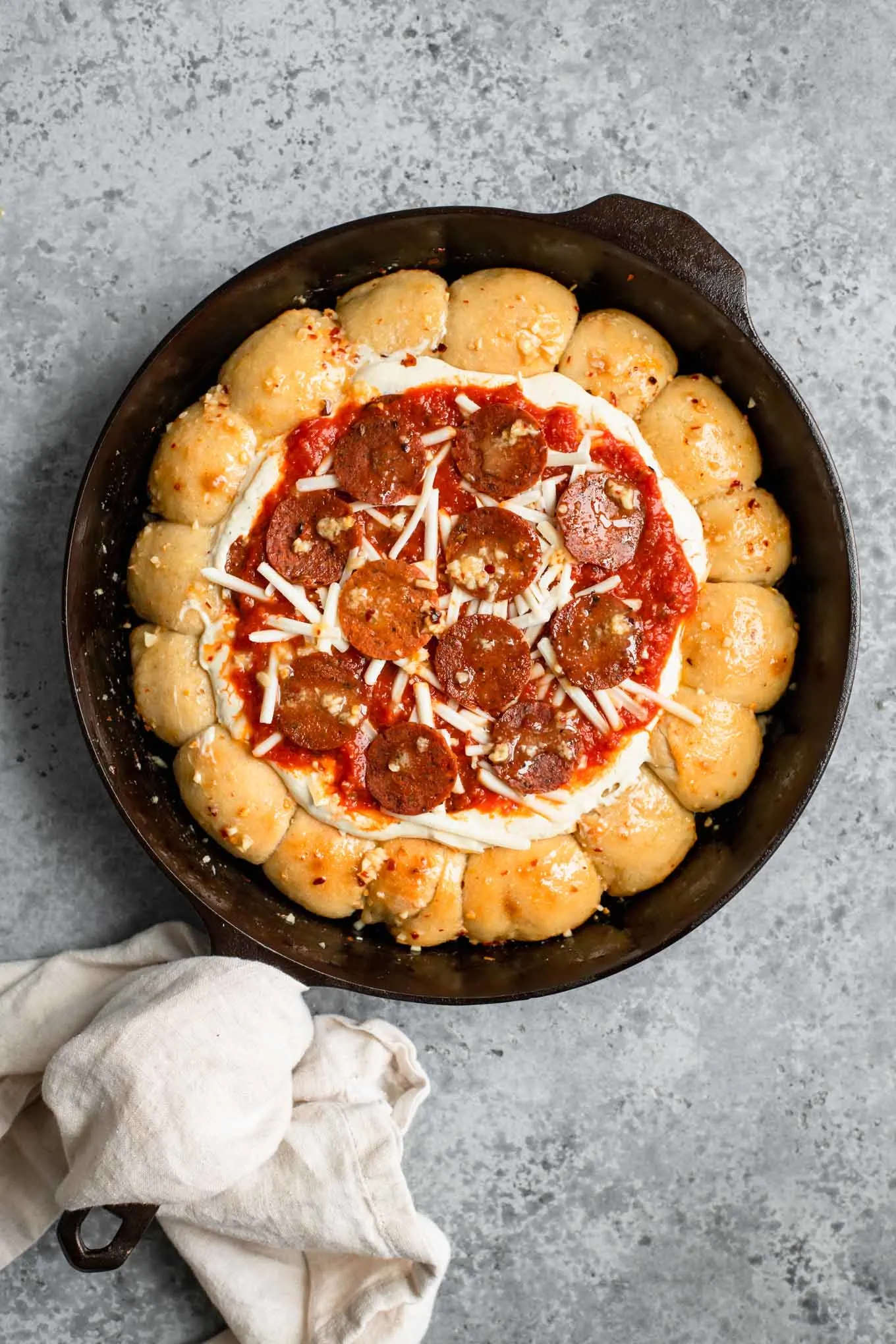 dip prepared in center of the bread ring, before baking