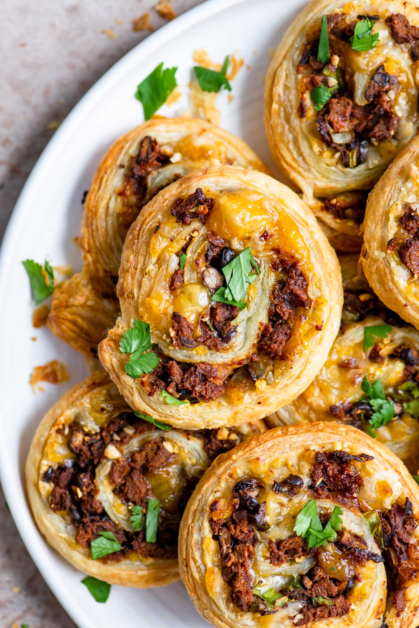 close up of vegan taco pinwheels