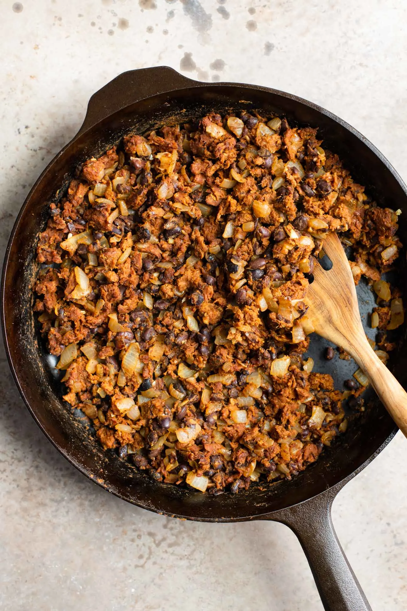 black bean and vegan chorizo filling in a skillet