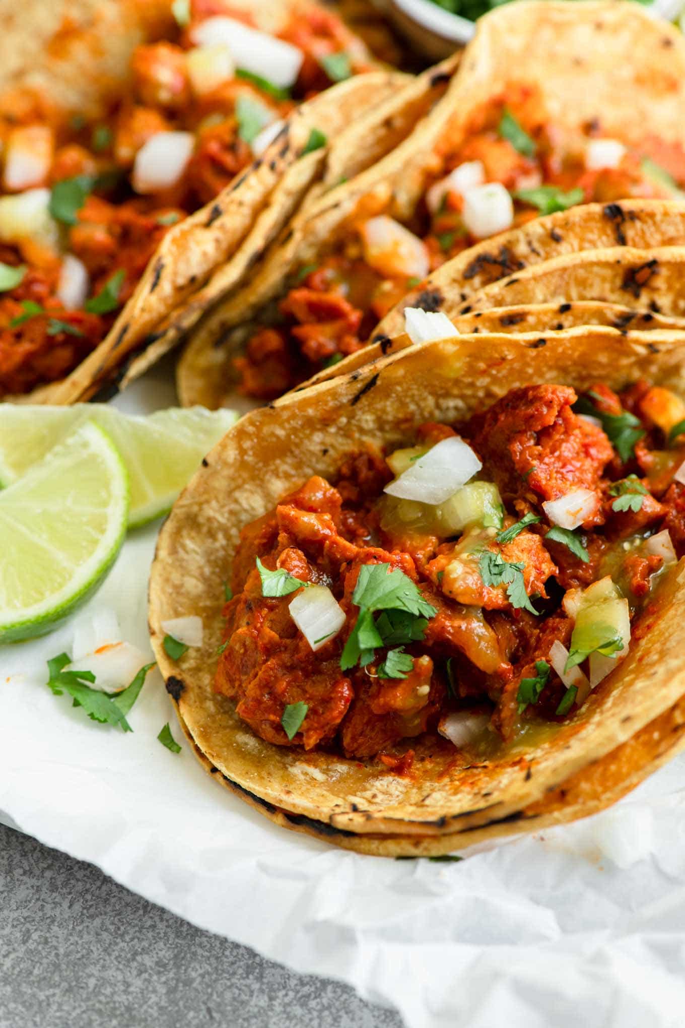 closeup of vegan barbacoa tacos