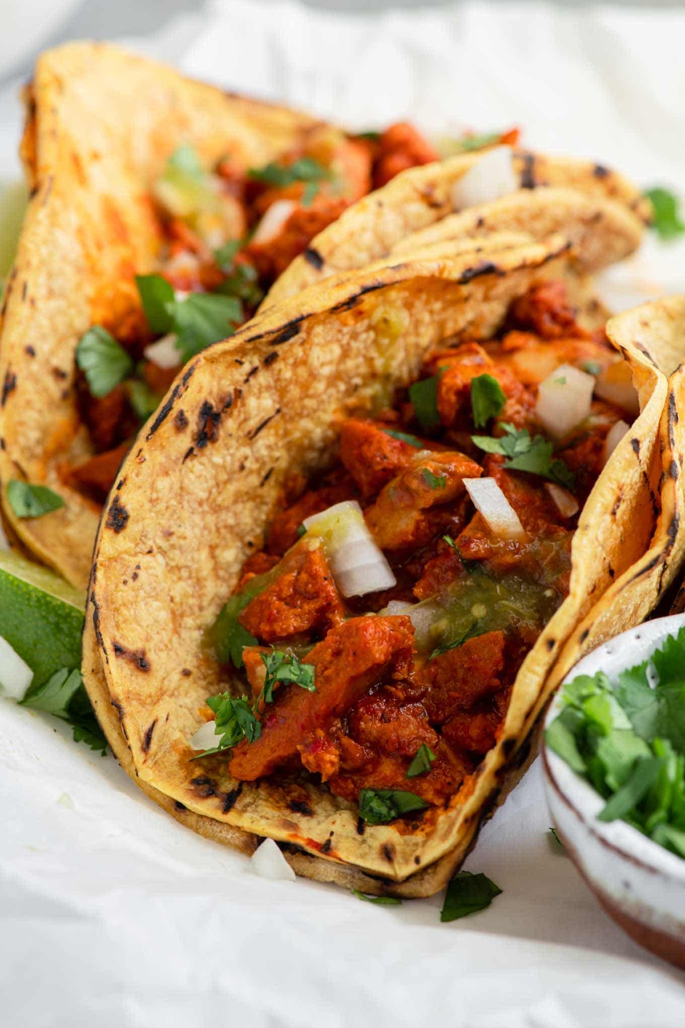 seitan barbacoa in corn tortillas