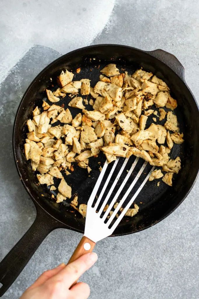 browned chicken-style seitan in cast iron skillet