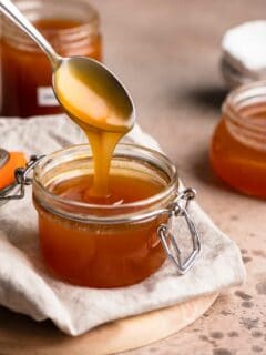 vegan caramel sauce in three glass jars