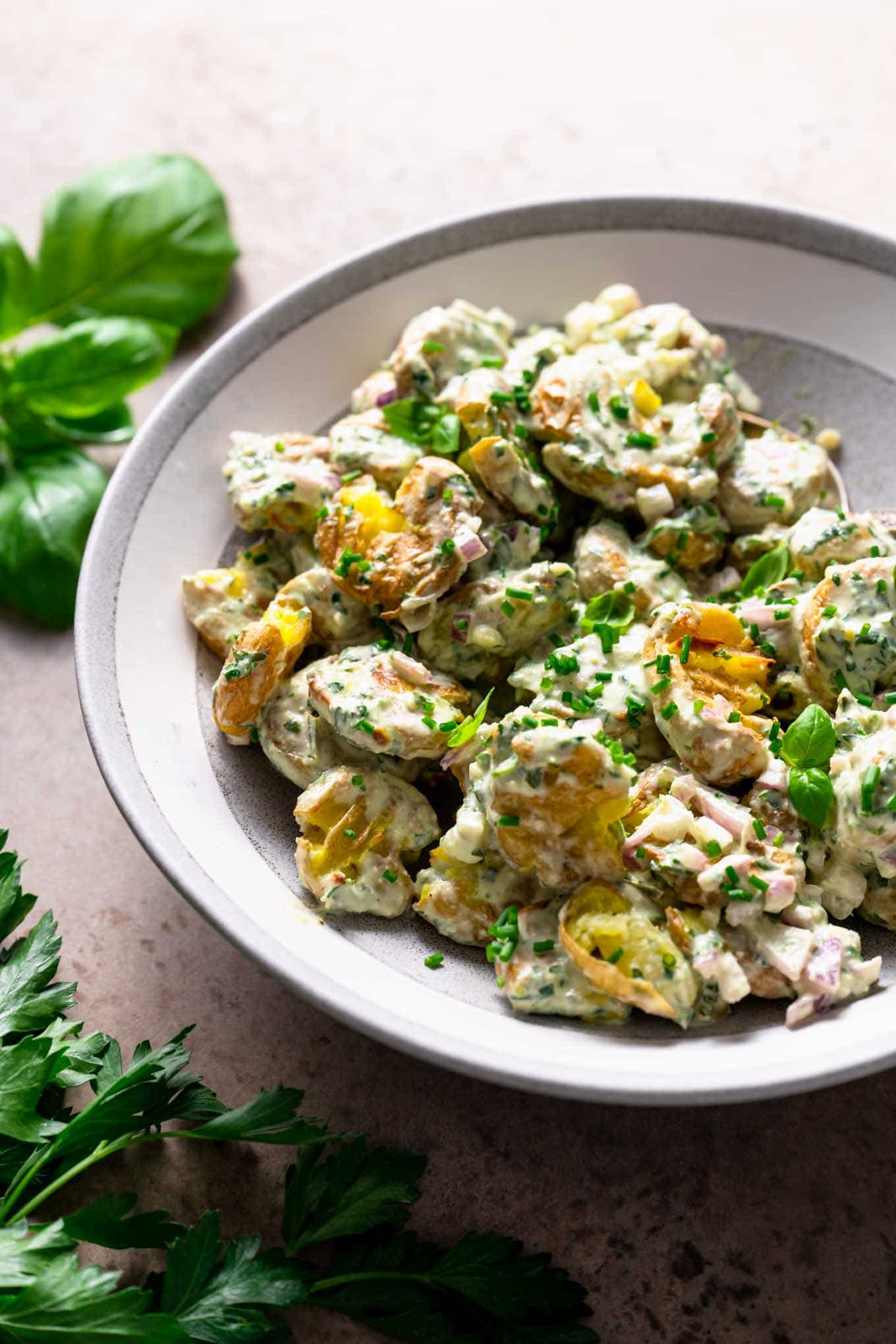 smashed potato salad with lemon herbed dressing