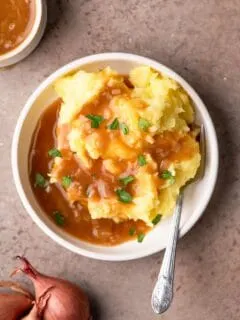 vegan shallot gravy served over mashed potatoes