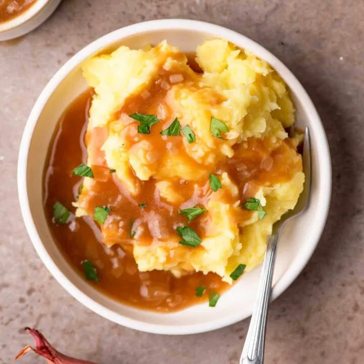 vegan shallot gravy served over mashed potatoes