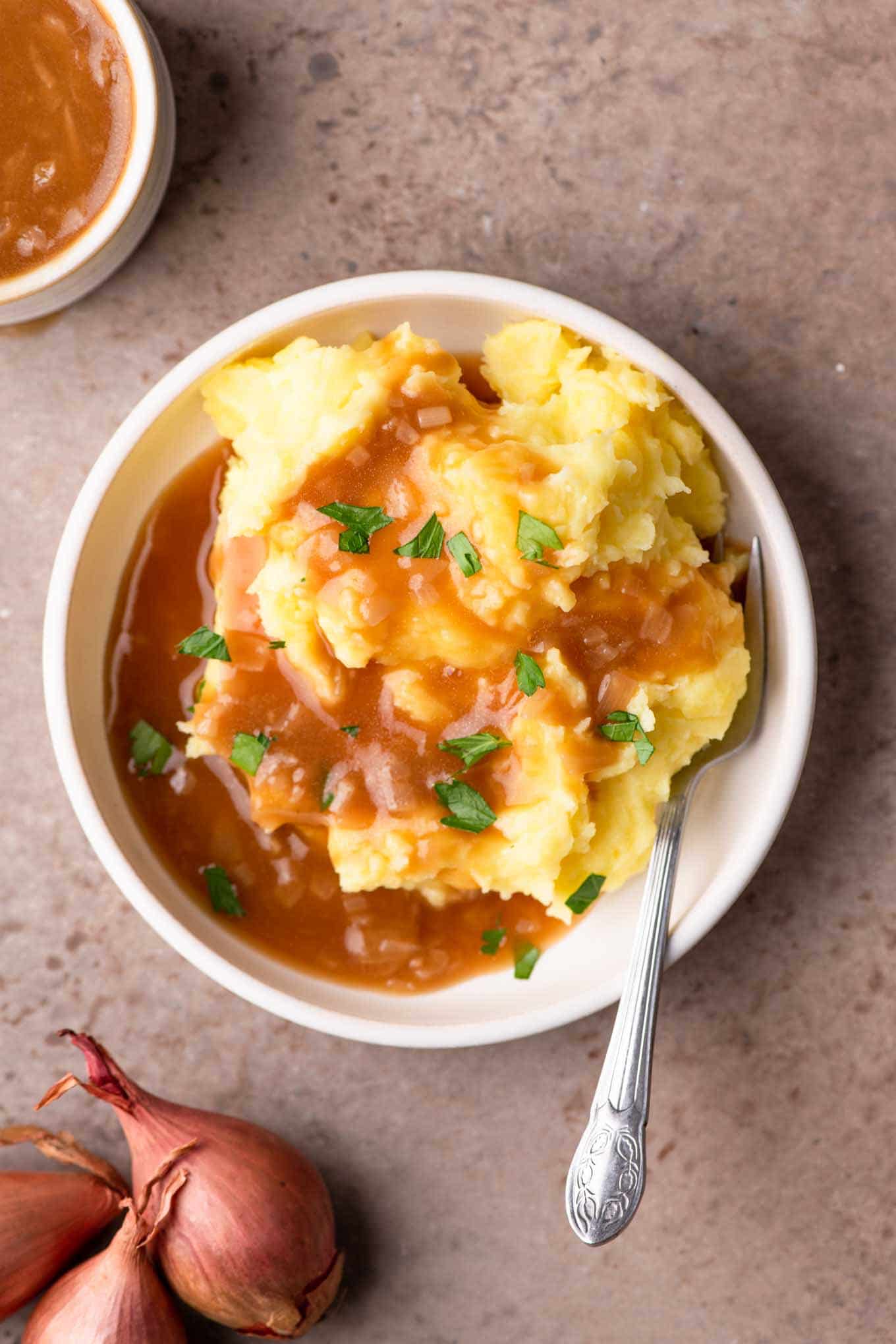vegan shallot gravy served over mashed potatoes