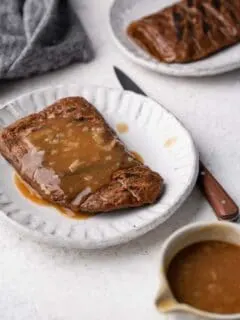 vegan seitan steaks topped with gravy