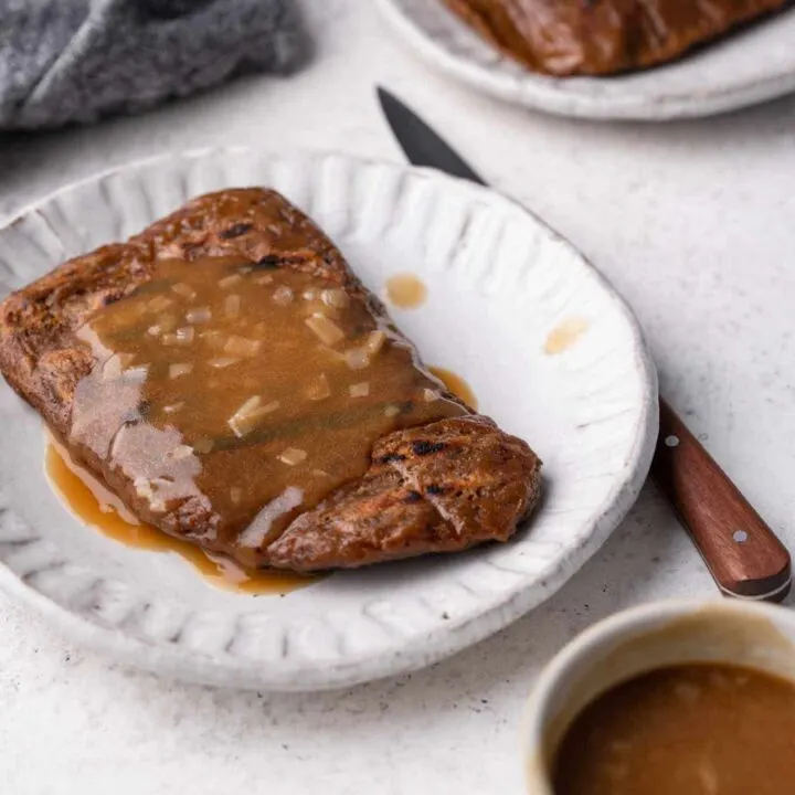 vegan seitan steaks topped with gravy