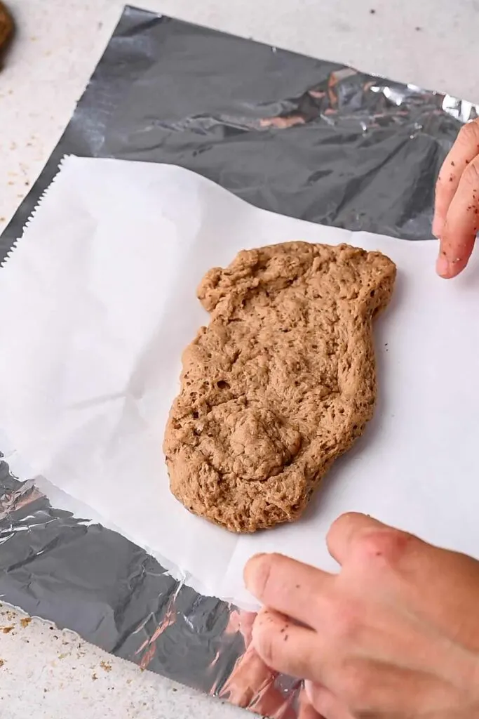 shaped seitan dough on parchment and foil wrap