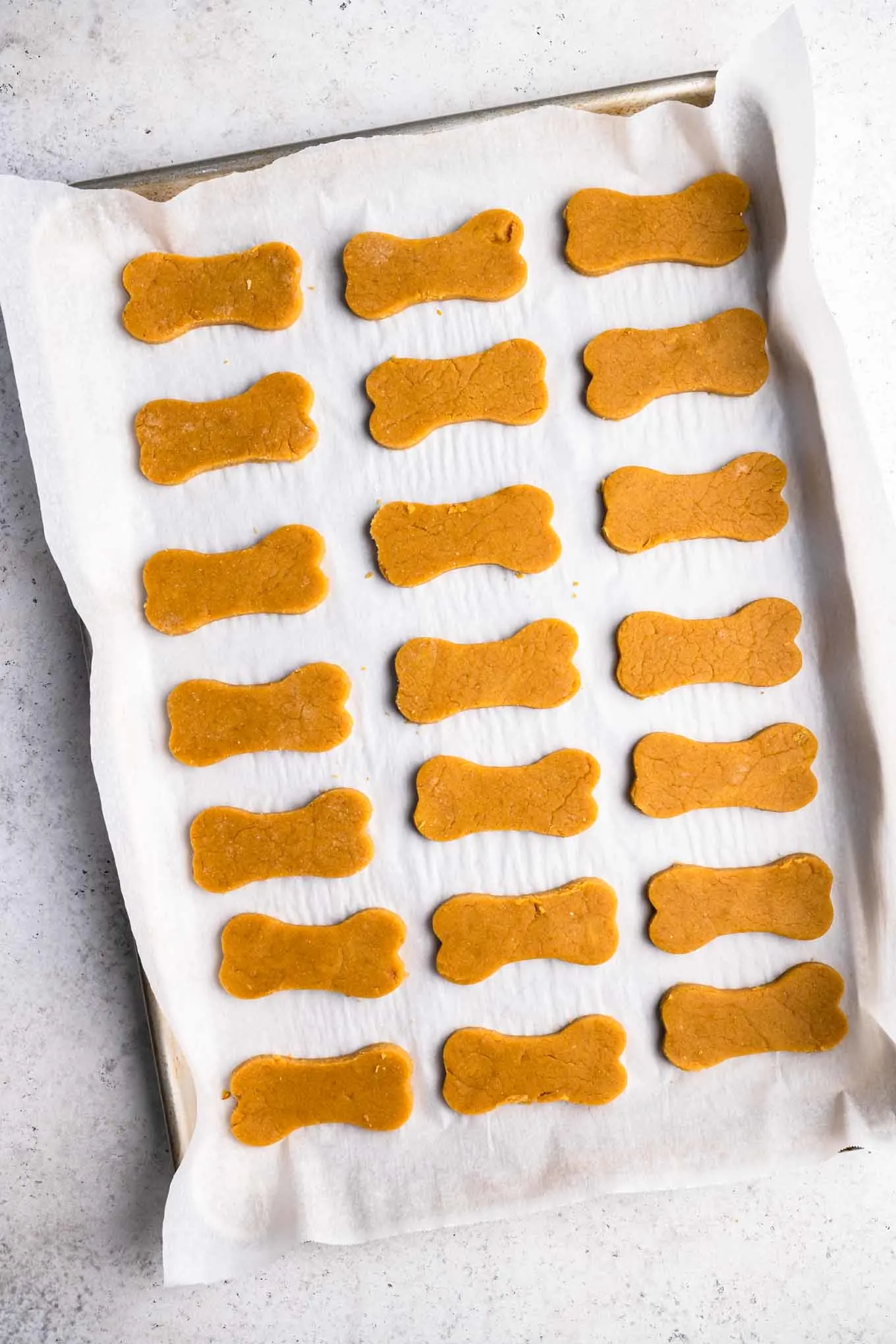 dog treats cut out and on baking tray before baking